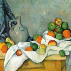 reproductie Jug curtain and fruit bowl van Paul Cezanne